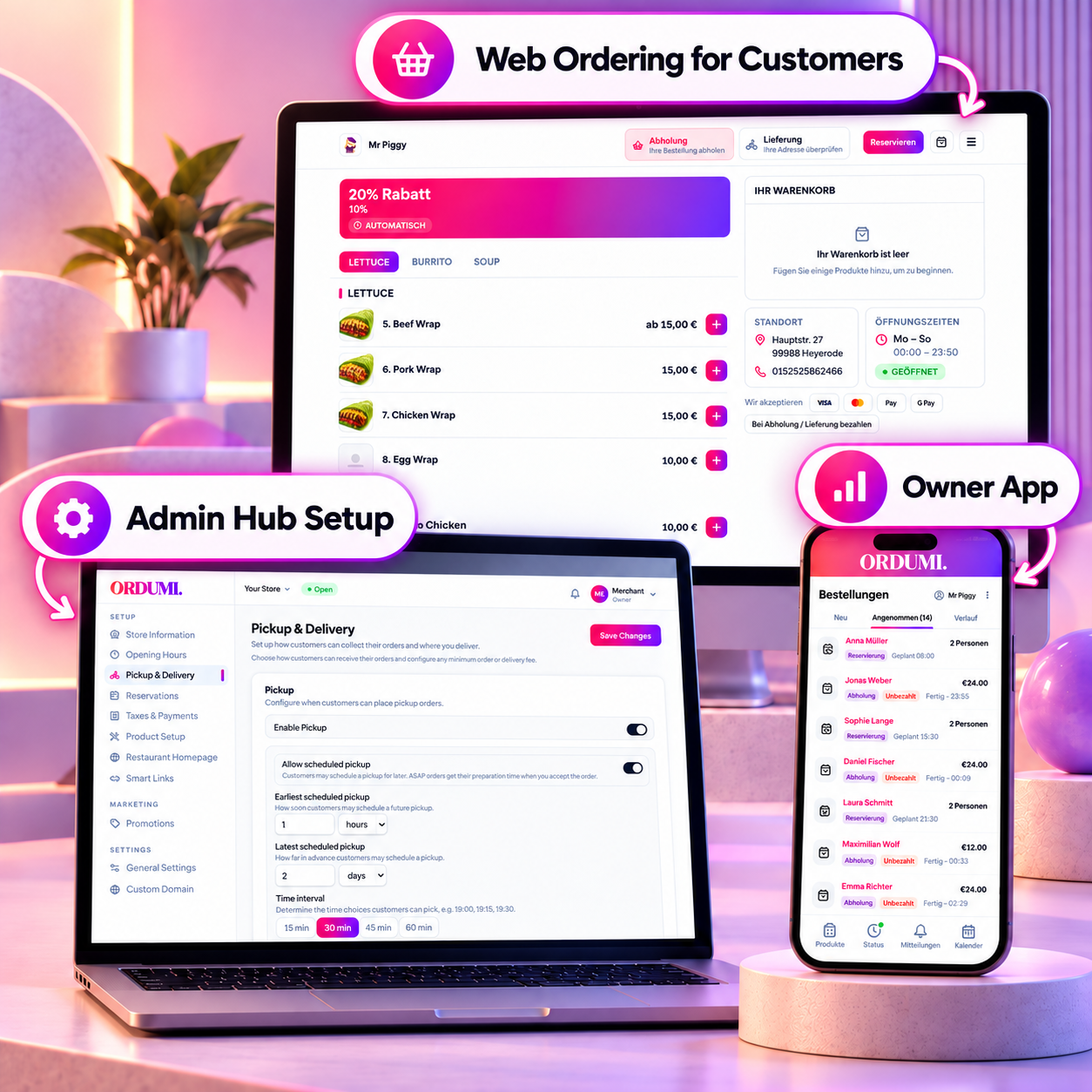 ORDUMI web ordering for customers, admin hub setup and owner app