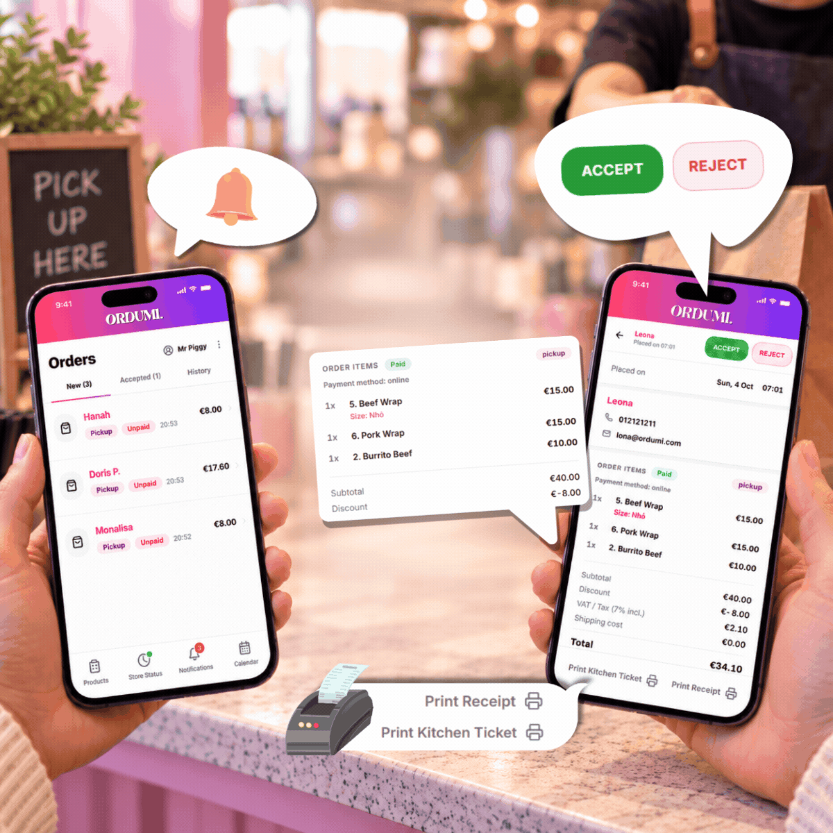 Owner App ringing with a new order, accept/reject buttons and printer