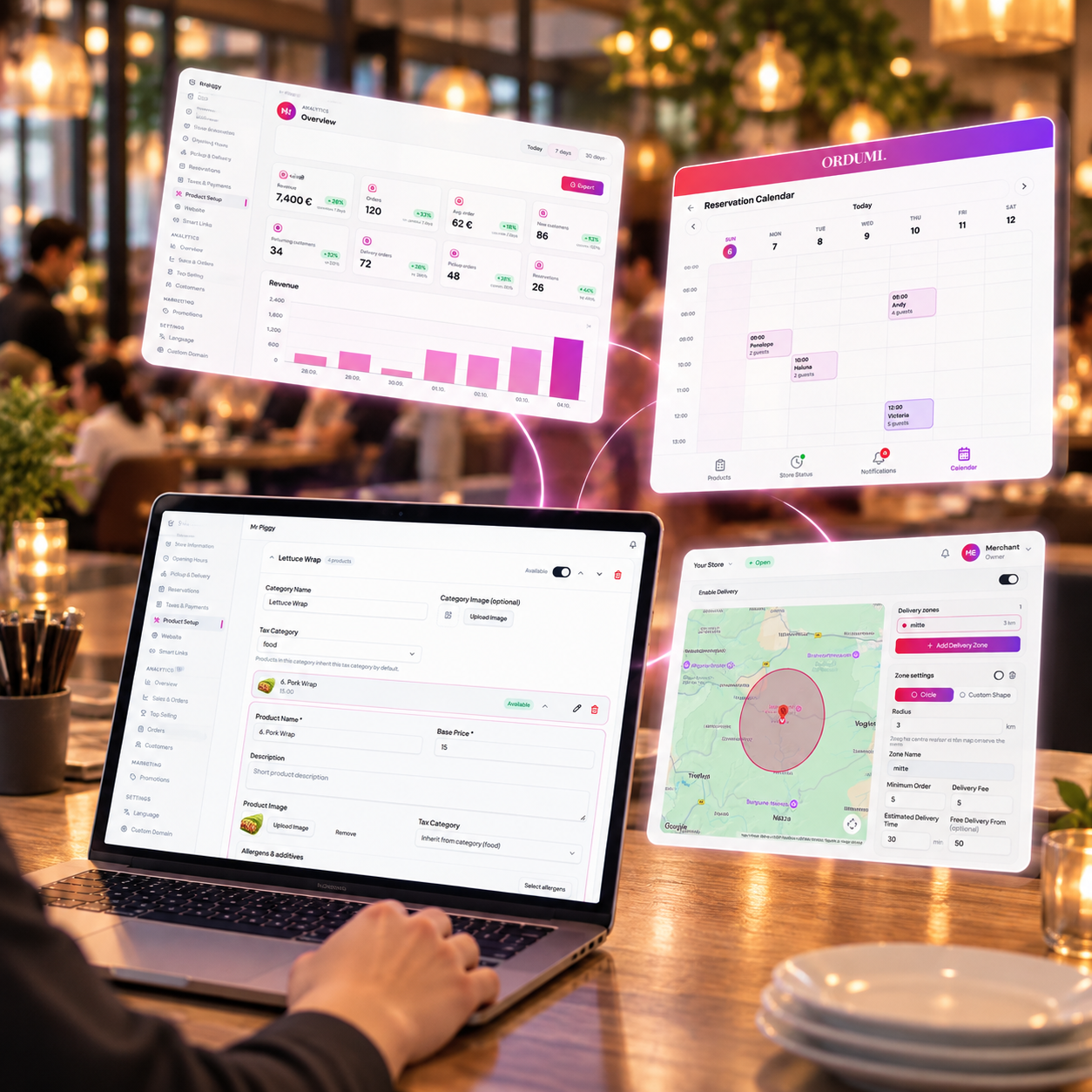 Admin dashboard with analytics overview, reservation calendar, product setup and delivery zones